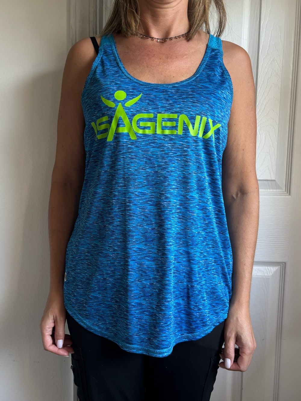 Holloway Women’s Blue Heather Tank with Neon Green Logo